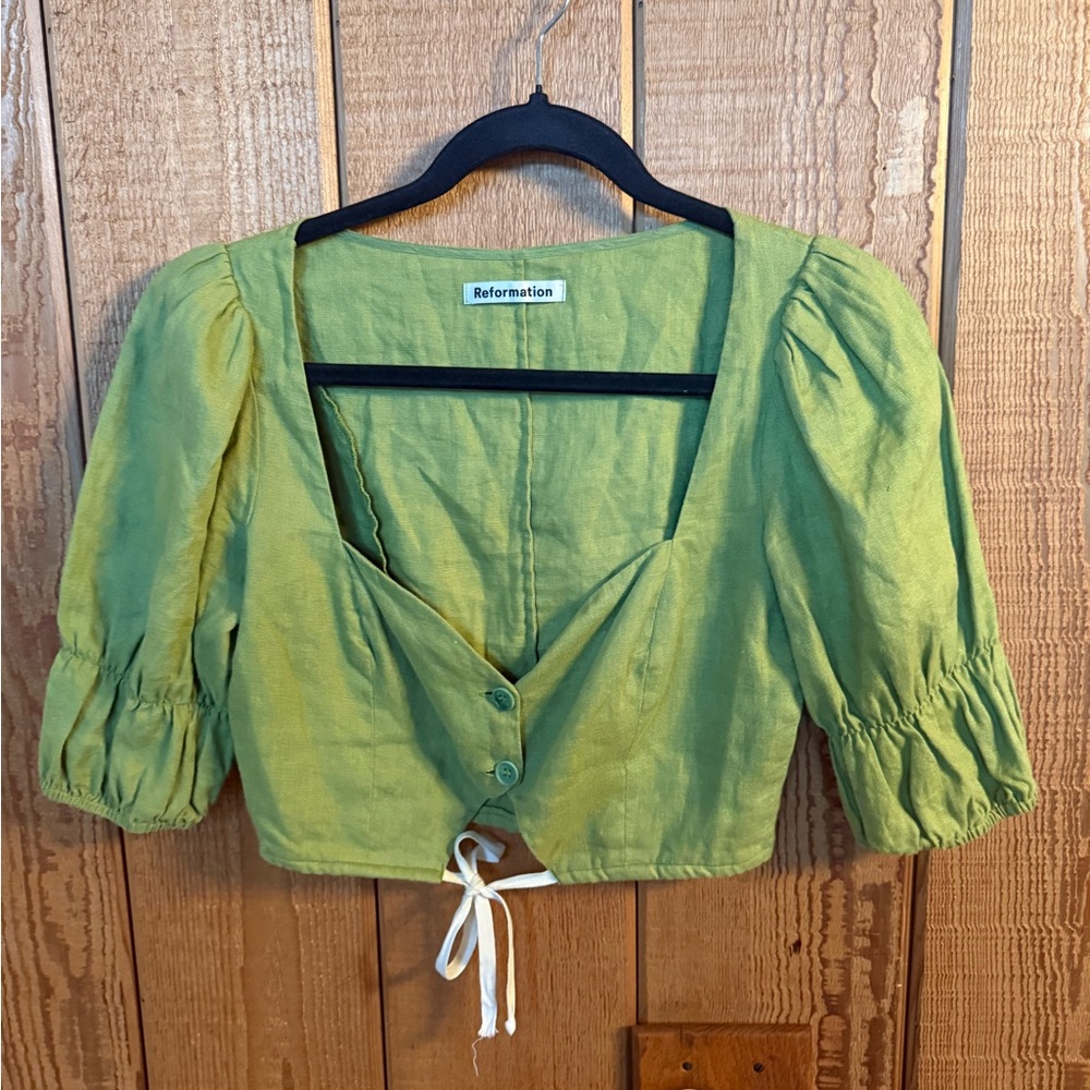 Reformation Lime Green Linen-Blend Puff Sleeve Cropped Top